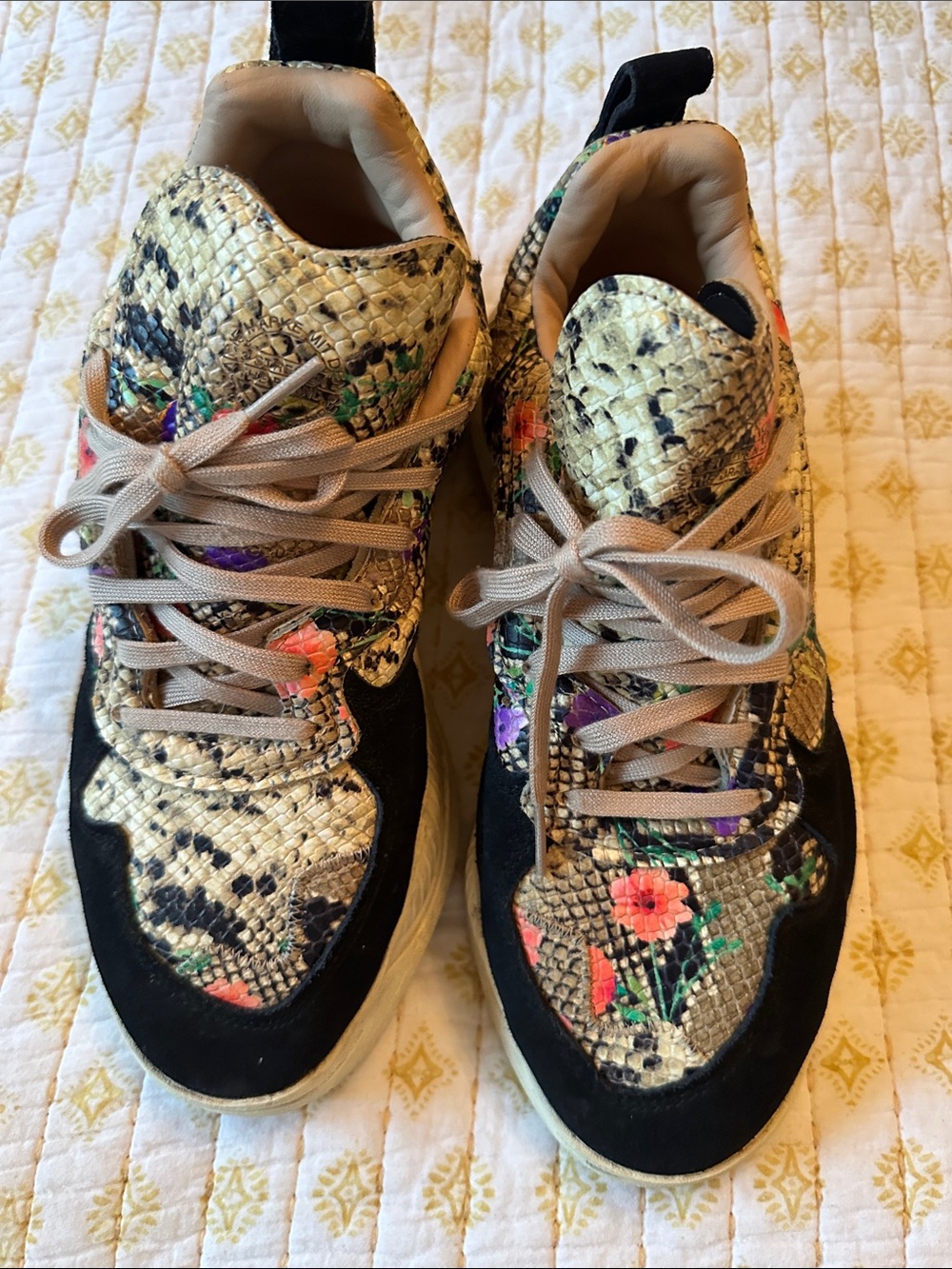 Stella McCartney Beige Snake-Print Floral Lace-Up Sneakers with Black Suede